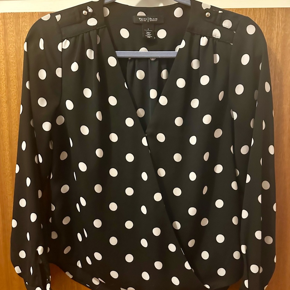 White House Black Market Black Wrap Blouse with Polka Dots